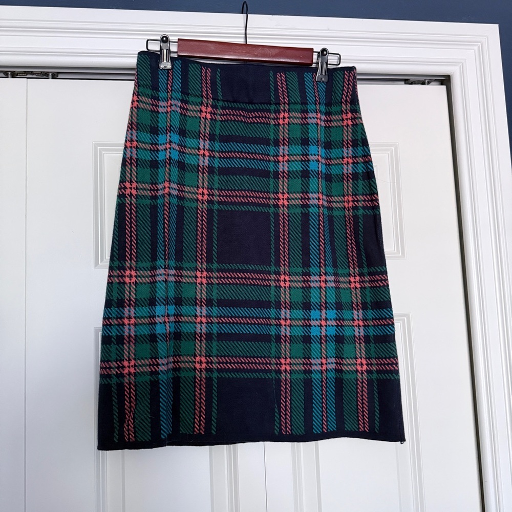 Isaac Mizrahi Tartan Plaid pencil knit Skirt - Green Coral Blue